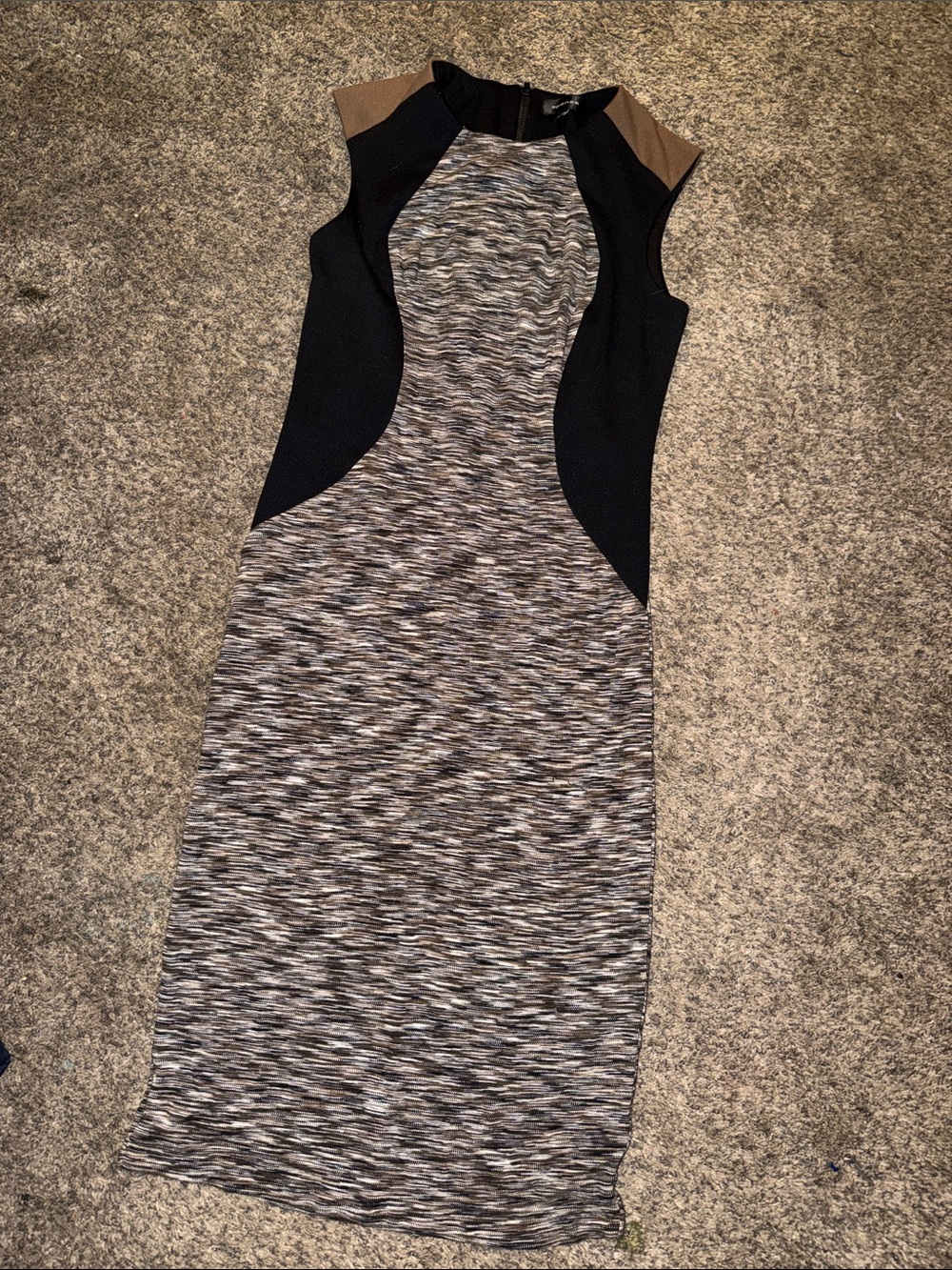 Spense Multicolor Knit Midi Dress with Black Panels and Brown Shoulders
